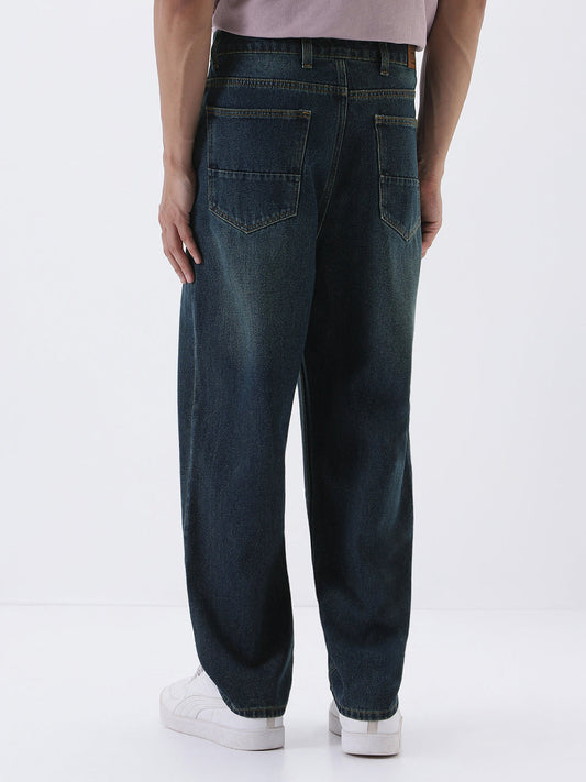 Men's Dark Blue Loose Baggy Fit Heavy Washed Jeans Non-Stretchable