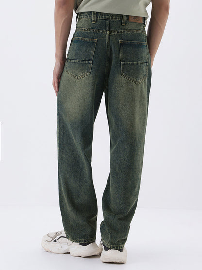 Men's Blue Loose Baggy Fit Heavy Washed Jeans Non-Stretchable