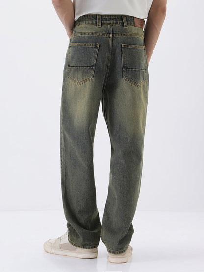 Men's Light Blue Loose Baggy Fit Heavy Washed Jeans Non-Stretchable