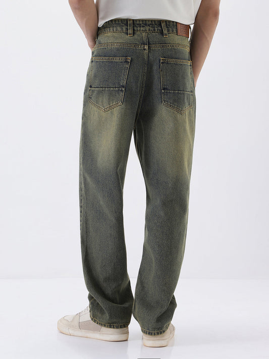 Men's Light Blue Loose Baggy Fit Heavy Washed Jeans Non-Stretchable