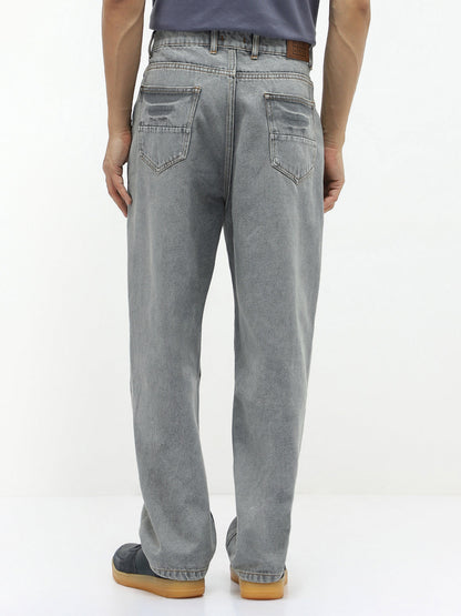 Men's Ice Grey Loose Baggy Fit Washed Jeans Non-Stretchable