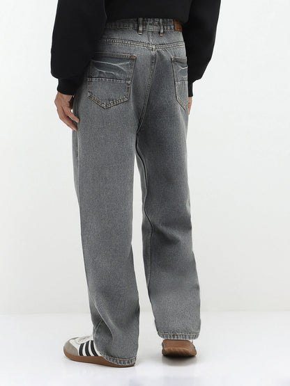 Men's Light Grey Loose Baggy Fit Washed Jeans Non-Stretchable