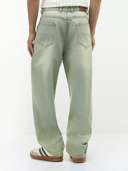 Men's Ice Grey Loose Baggy Fit Heavy Washed Jeans Non-Stretchable