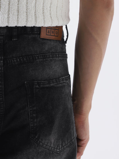 Men's Black Loose Baggy Fit Cut and Sew Panelled Jeans Non-Stretchable