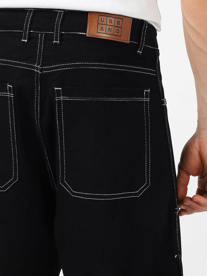 Men's Black Loose Baggy Fit Washed Cargo Jeans with 6 Pockets Non-Stretchable