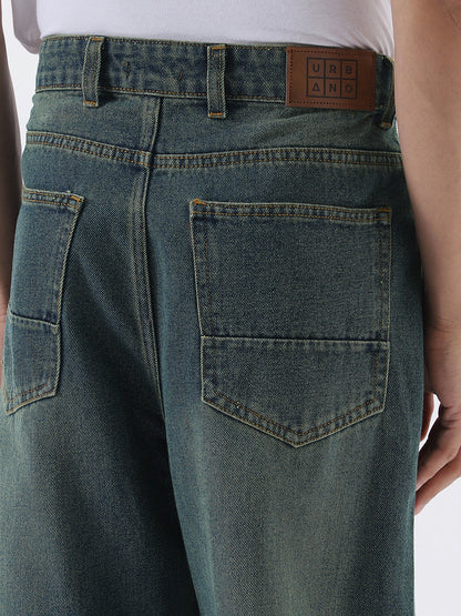 Men's Light Blue Loose Baggy Fit Heavy Washed Jeans Non-Stretchable
