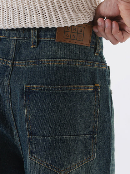 Men's Blue Loose Baggy Fit Heavy Washed Jeans Non-Stretchable