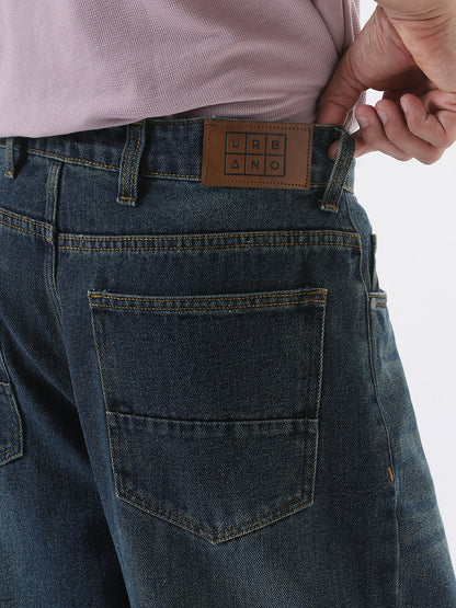 Men's Dark Blue Loose Baggy Fit Heavy Washed Jeans Non-Stretchable