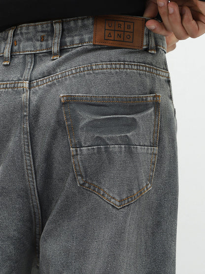 Men's Light Grey Loose Baggy Fit Washed Jeans Non-Stretchable