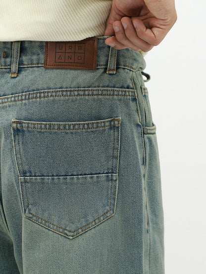 Men's Ice Blue Loose Baggy Fit Heavy Washed Jeans Non-Stretchable