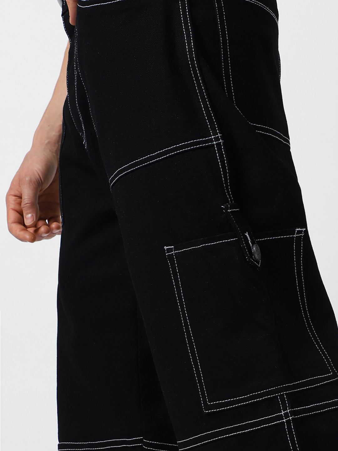 Men's Black Loose Baggy Fit Washed Cargo Jeans with 6 Pockets Non-Stretchable