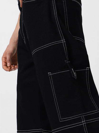 Men's Black Loose Baggy Fit Washed Cargo Jeans with 6 Pockets Non-Stretchable
