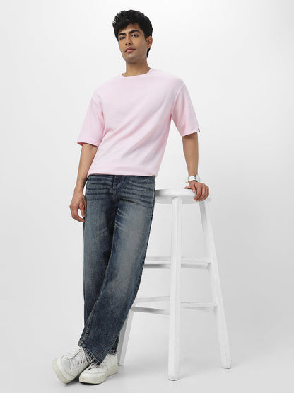 Men's Lavender Textured Round Neck Oversized Half Sleeve Cotton T-Shirt