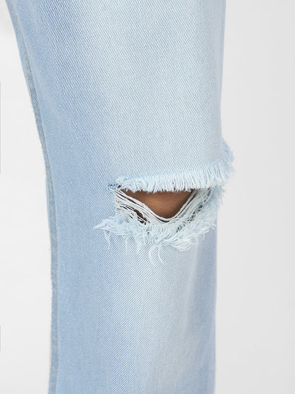 Men's Ice Blue Loose Baggy Fit Washed Distressed/Torn Jeans Non-Stretchable