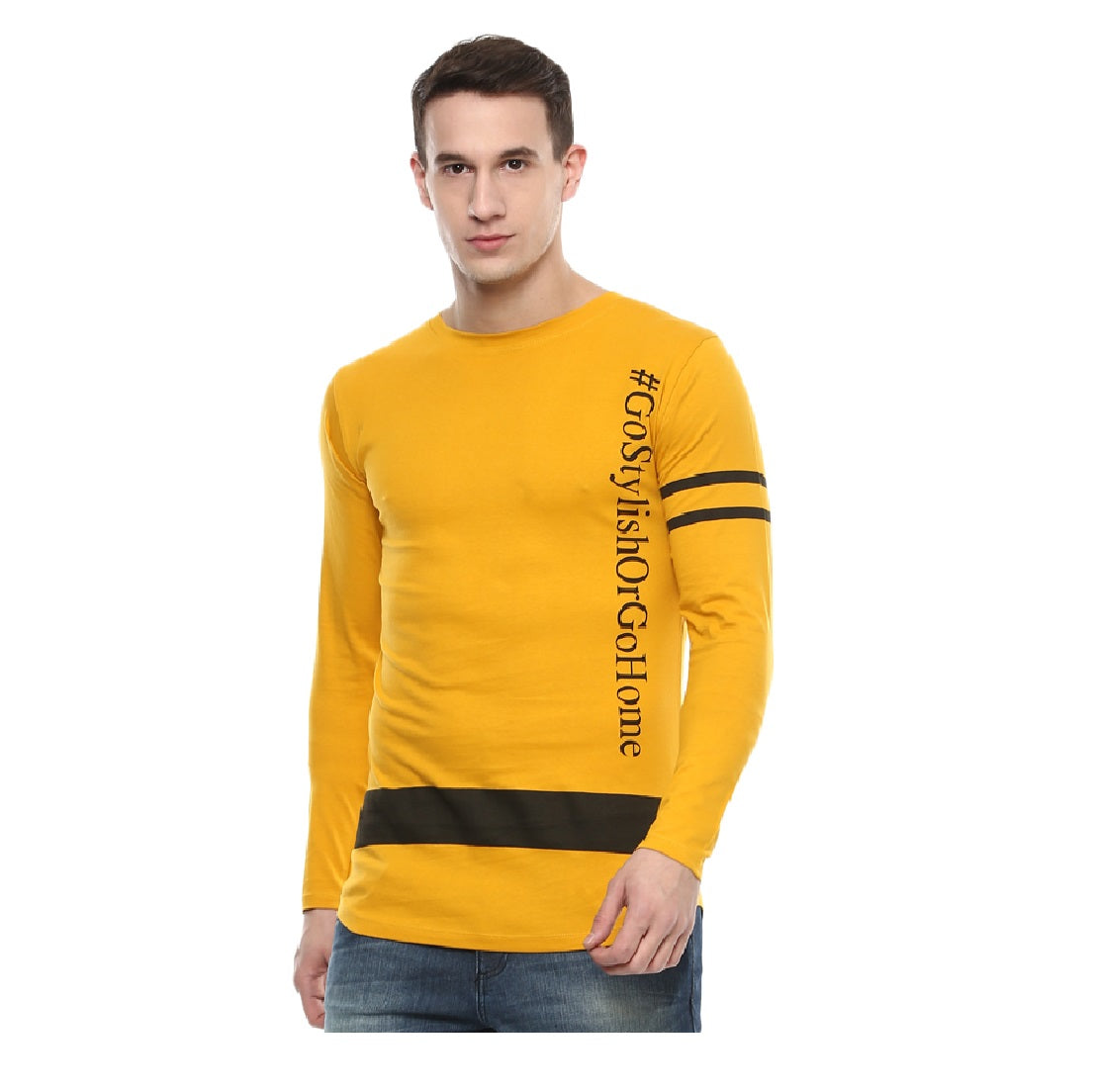 Men's Yellow Printed Full Sleeve Cotton T-Shirt