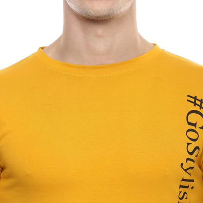 Men's Yellow Printed Full Sleeve Cotton T-Shirt