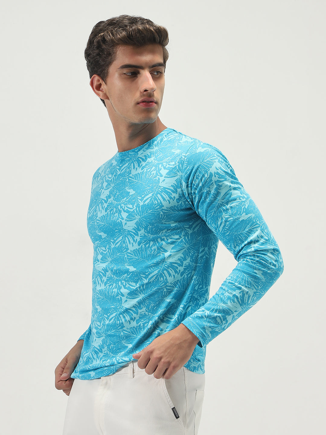 Men's Aqua Blue Printed Full Sleeve Slim Fit Cotton T-Shirt
