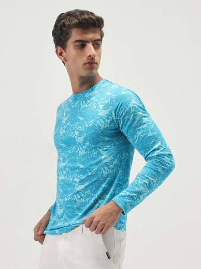 Men's Aqua Blue Printed Full Sleeve Slim Fit Cotton T-Shirt