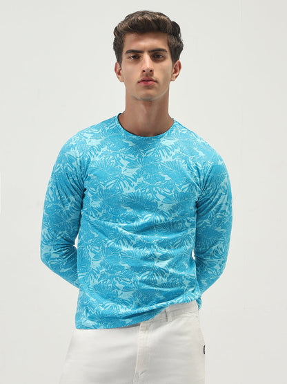 Men's Aqua Blue Printed Full Sleeve Slim Fit Cotton T-Shirt
