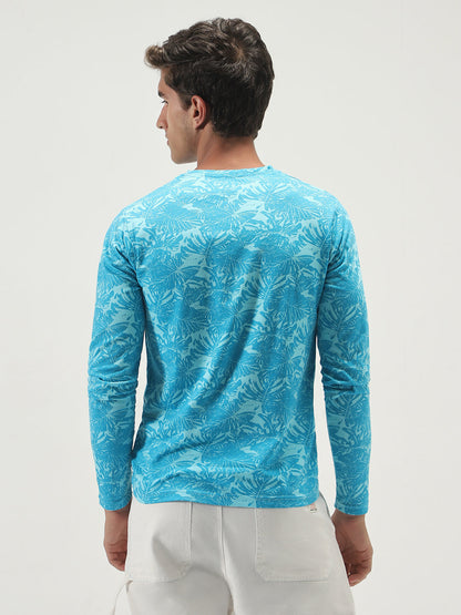Men's Aqua Blue Printed Full Sleeve Slim Fit Cotton T-Shirt