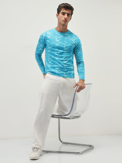 Men's Aqua Blue Printed Full Sleeve Slim Fit Cotton T-Shirt
