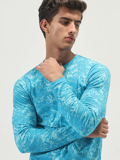Men's Aqua Blue Printed Full Sleeve Slim Fit Cotton T-Shirt