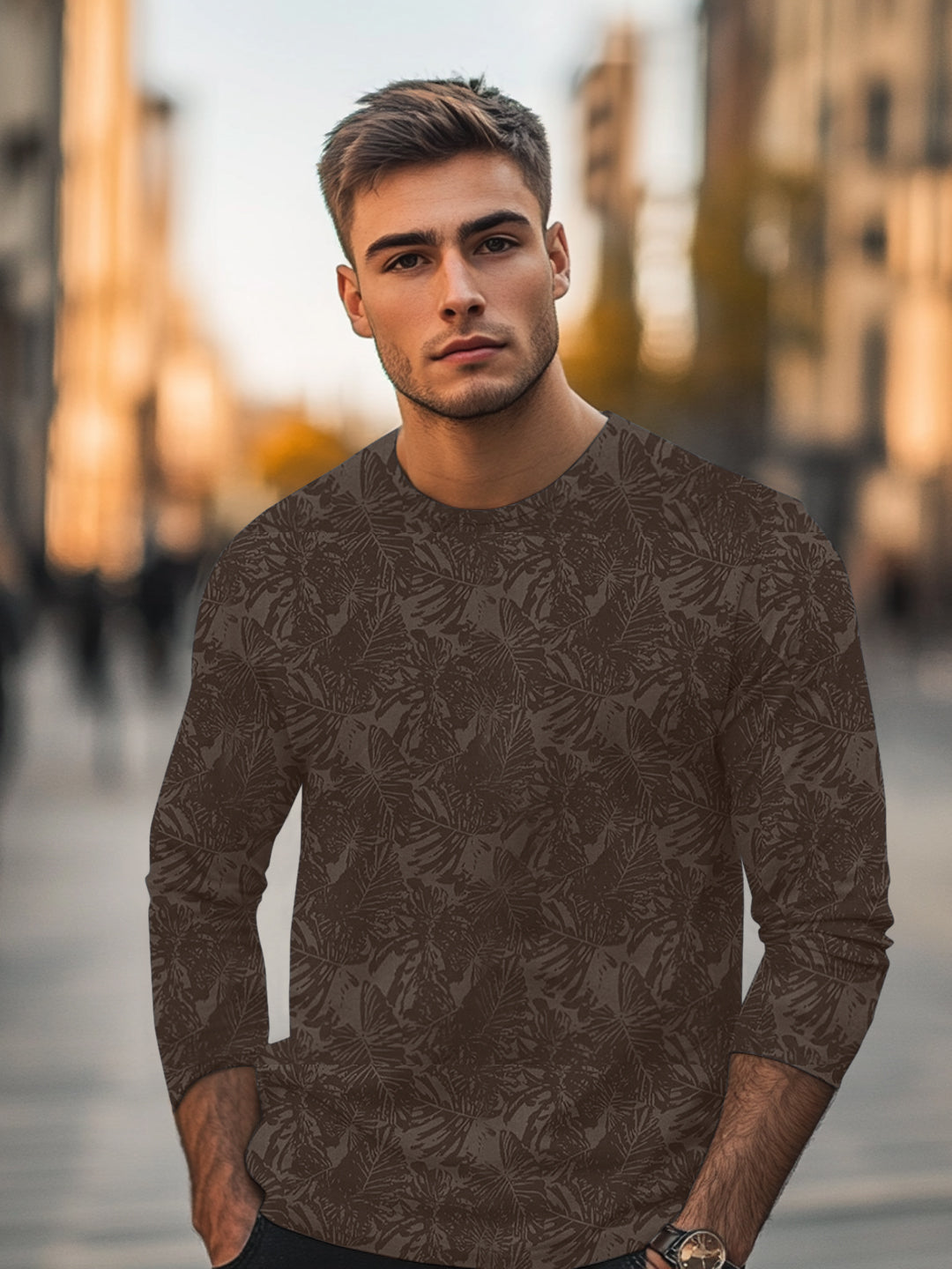 Men's Chicory Coffee Printed Full Sleeve Slim Fit Cotton T-Shirt