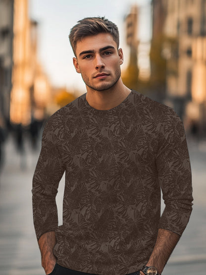 Men's Chicory Coffee Printed Full Sleeve Slim Fit Cotton T-Shirt