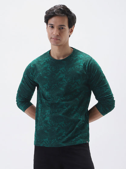 Men's Slim Fit Dark Green Printed Full Sleeve T-Shirt