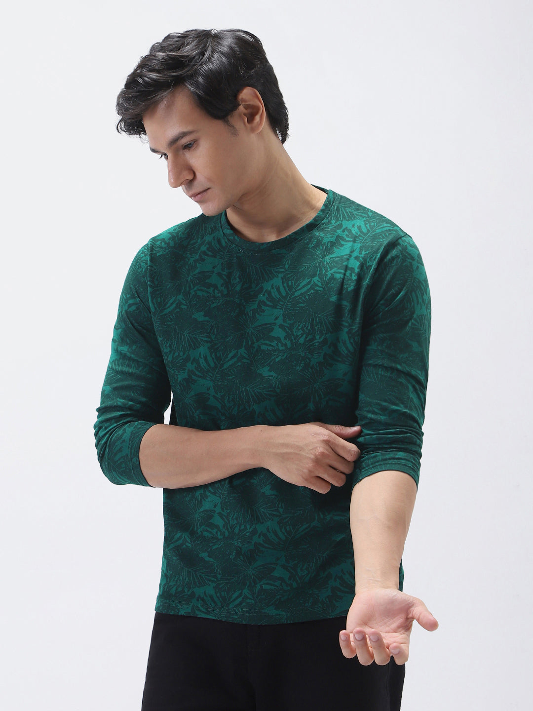 Men's Slim Fit Dark Green Printed Full Sleeve T-Shirt