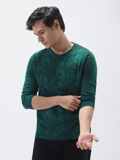 Men's Slim Fit Dark Green Printed Full Sleeve T-Shirt