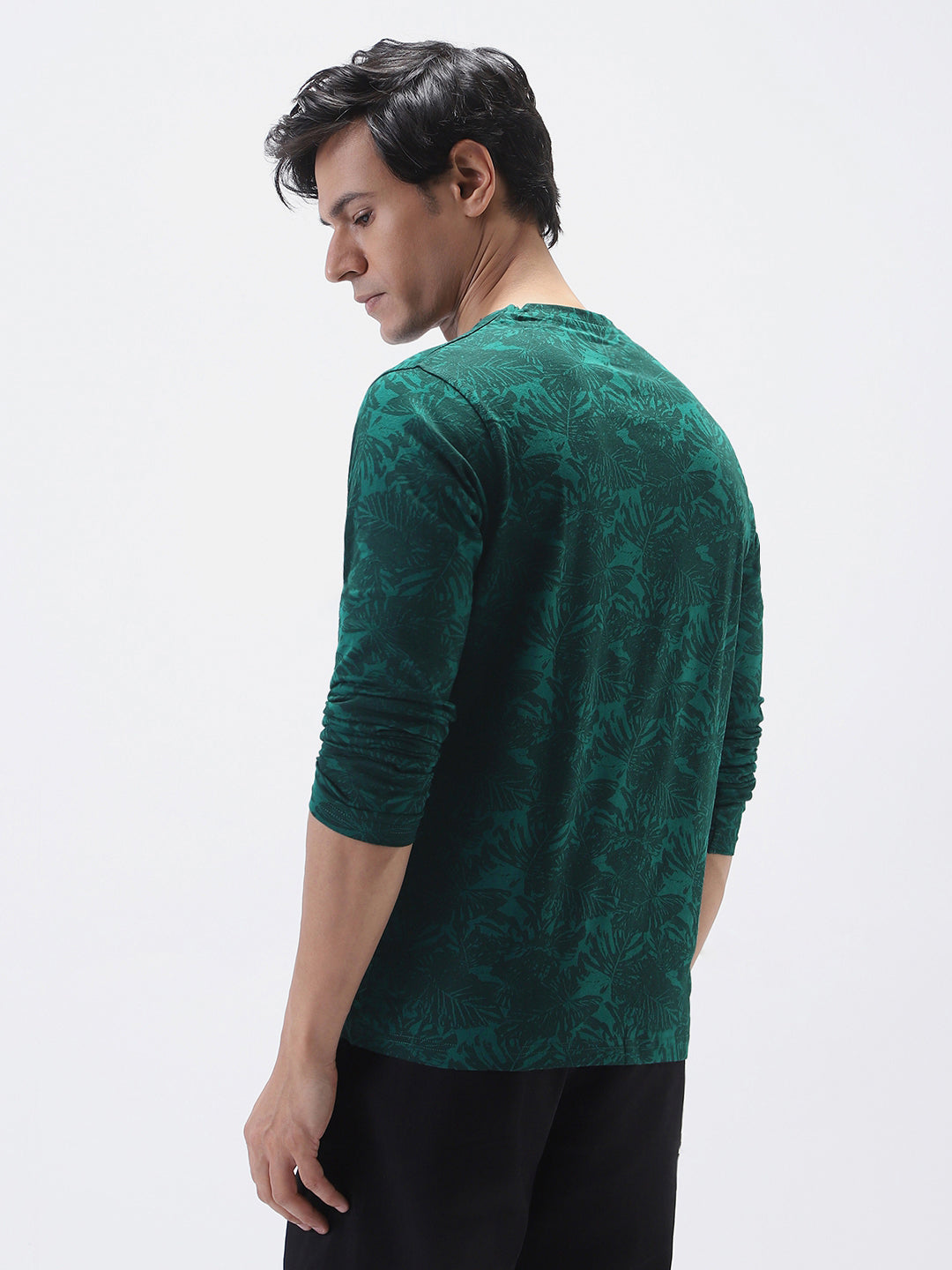 Men's Slim Fit Dark Green Printed Full Sleeve T-Shirt