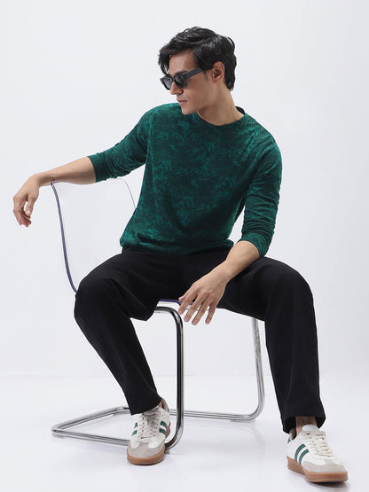 Men's Slim Fit Dark Green Printed Full Sleeve T-Shirt