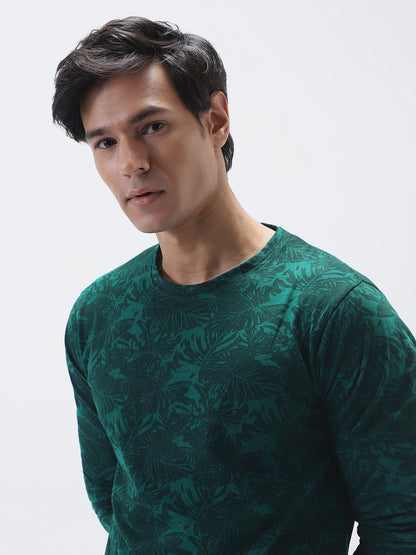 Men's Slim Fit Dark Green Printed Full Sleeve T-Shirt