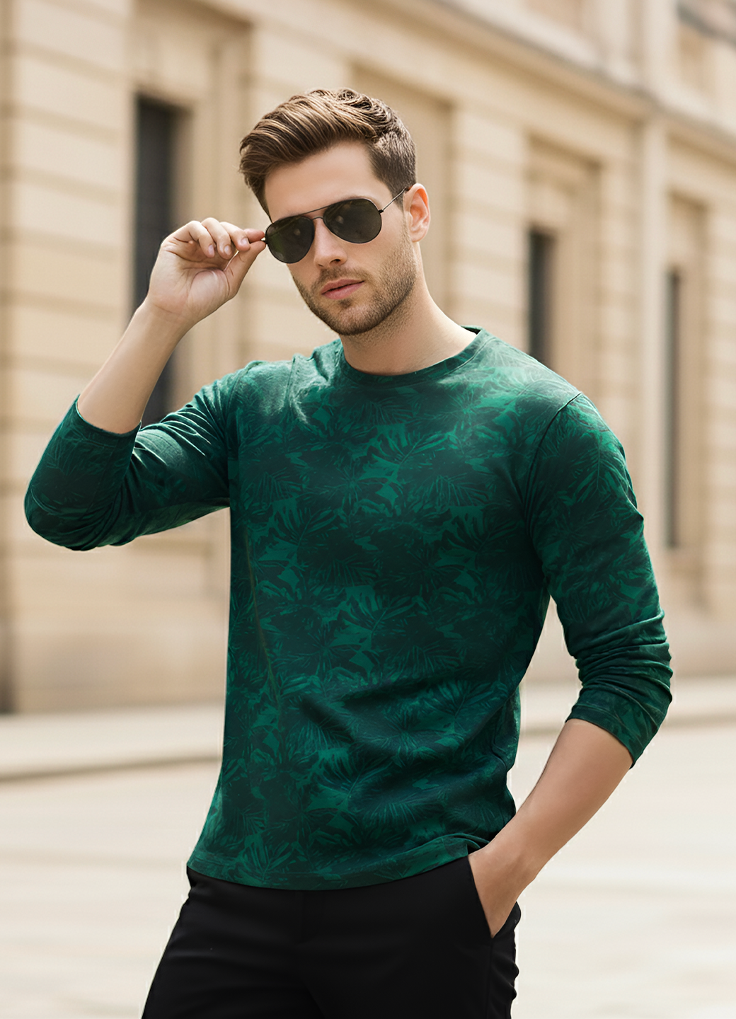 Men's Slim Fit Dark Green Printed Full Sleeve T-Shirt