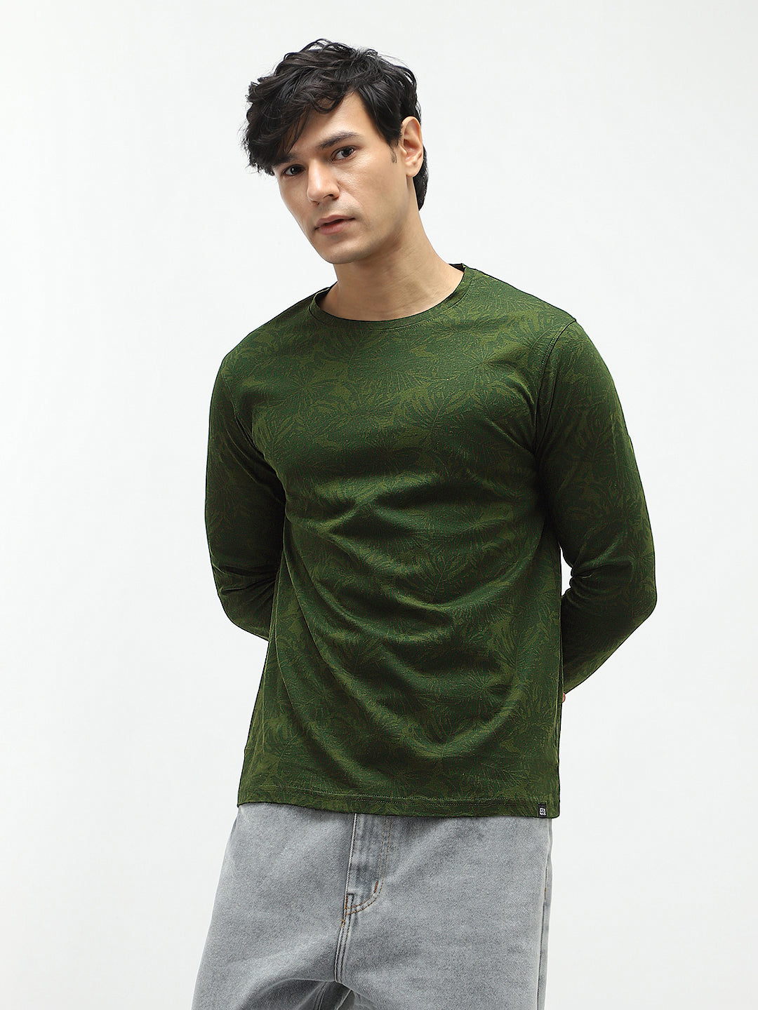 Men's Olive Green Printed Full Sleeve Slim Fit Cotton T-Shirt