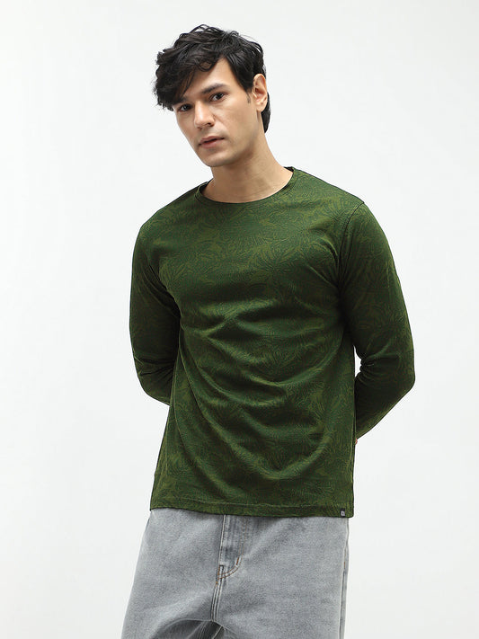 Men's Olive Green Printed Full Sleeve Slim Fit Cotton T-Shirt