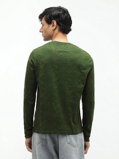 Men's Olive Green Printed Full Sleeve Slim Fit Cotton T-Shirt