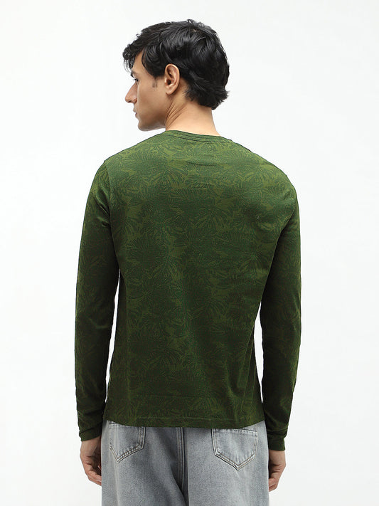Men's Olive Green Printed Full Sleeve Slim Fit Cotton T-Shirt