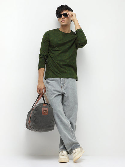 Men's Olive Green Printed Full Sleeve Slim Fit Cotton T-Shirt