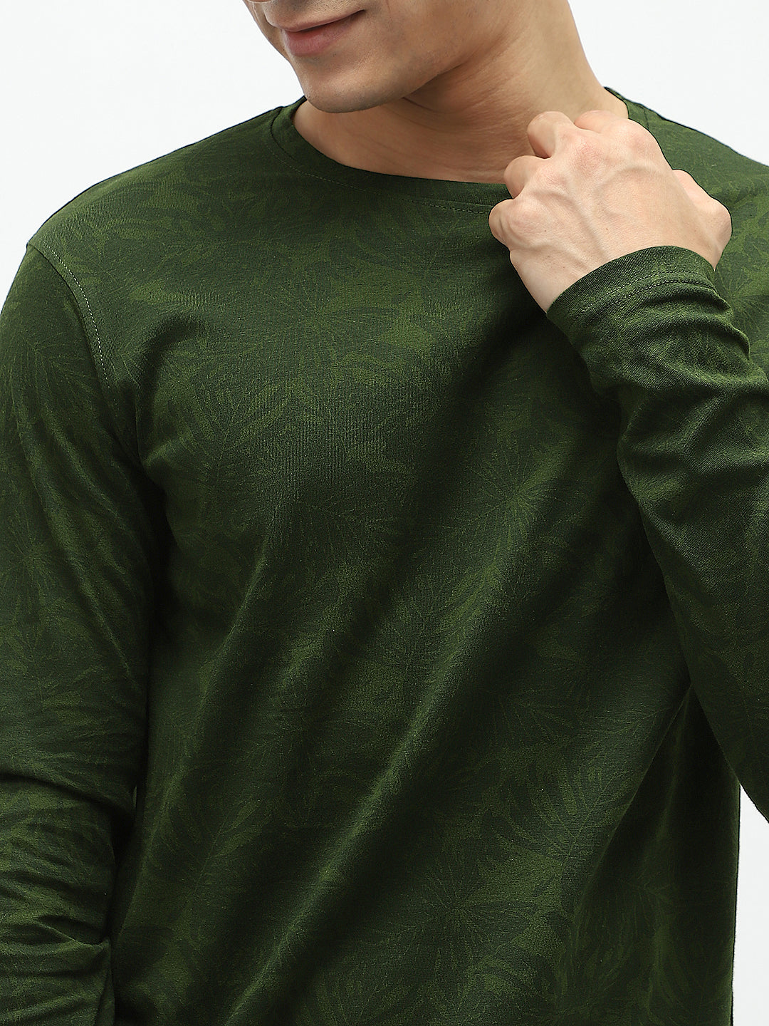 Men's Olive Green Printed Full Sleeve Slim Fit Cotton T-Shirt