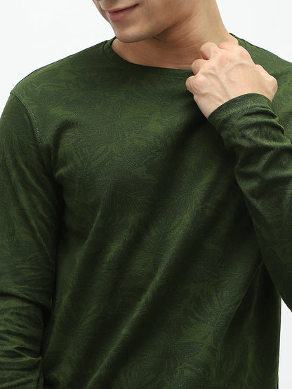 Men's Olive Green Printed Full Sleeve Slim Fit Cotton T-Shirt