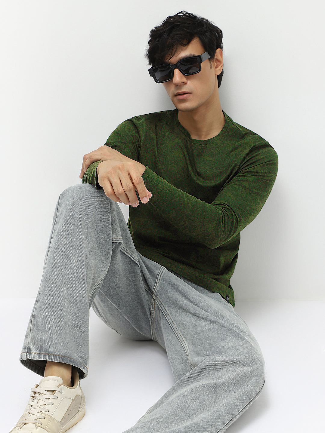 Men's Olive Green Printed Full Sleeve Slim Fit Cotton T-Shirt