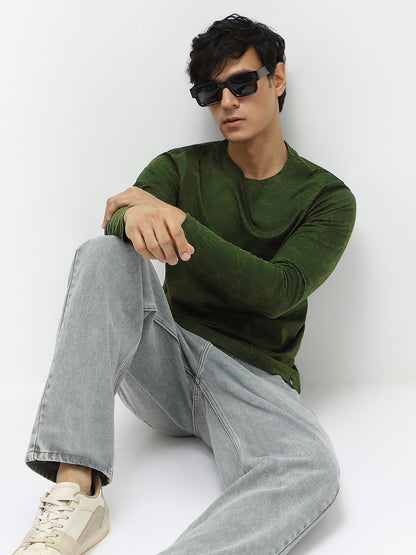 Men's Olive Green Printed Full Sleeve Slim Fit Cotton T-Shirt