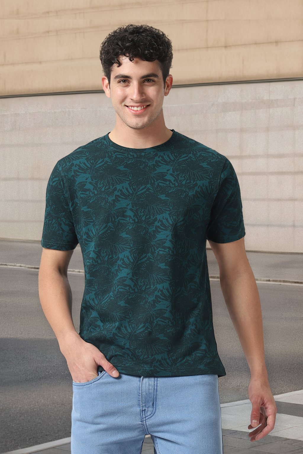 Men's Dark Green Printed Slim Fit Cotton Hal Sleeve T-Shirt