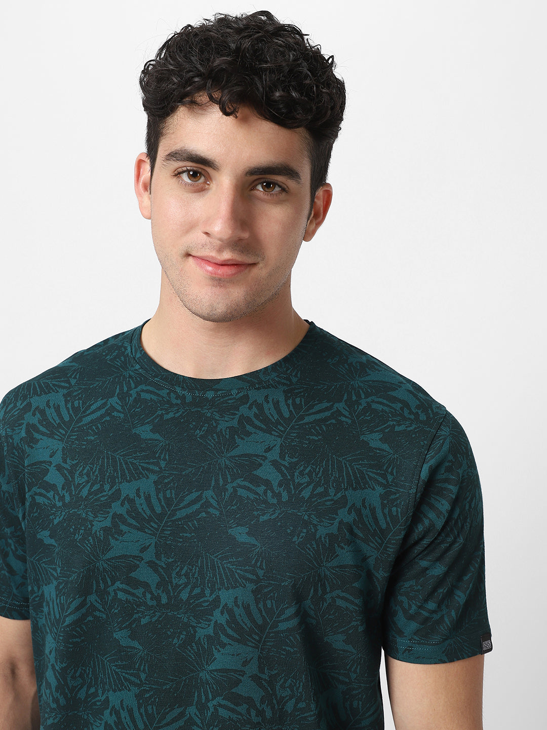 Men's Dark Green Printed Slim Fit Cotton Hal Sleeve T-Shirt