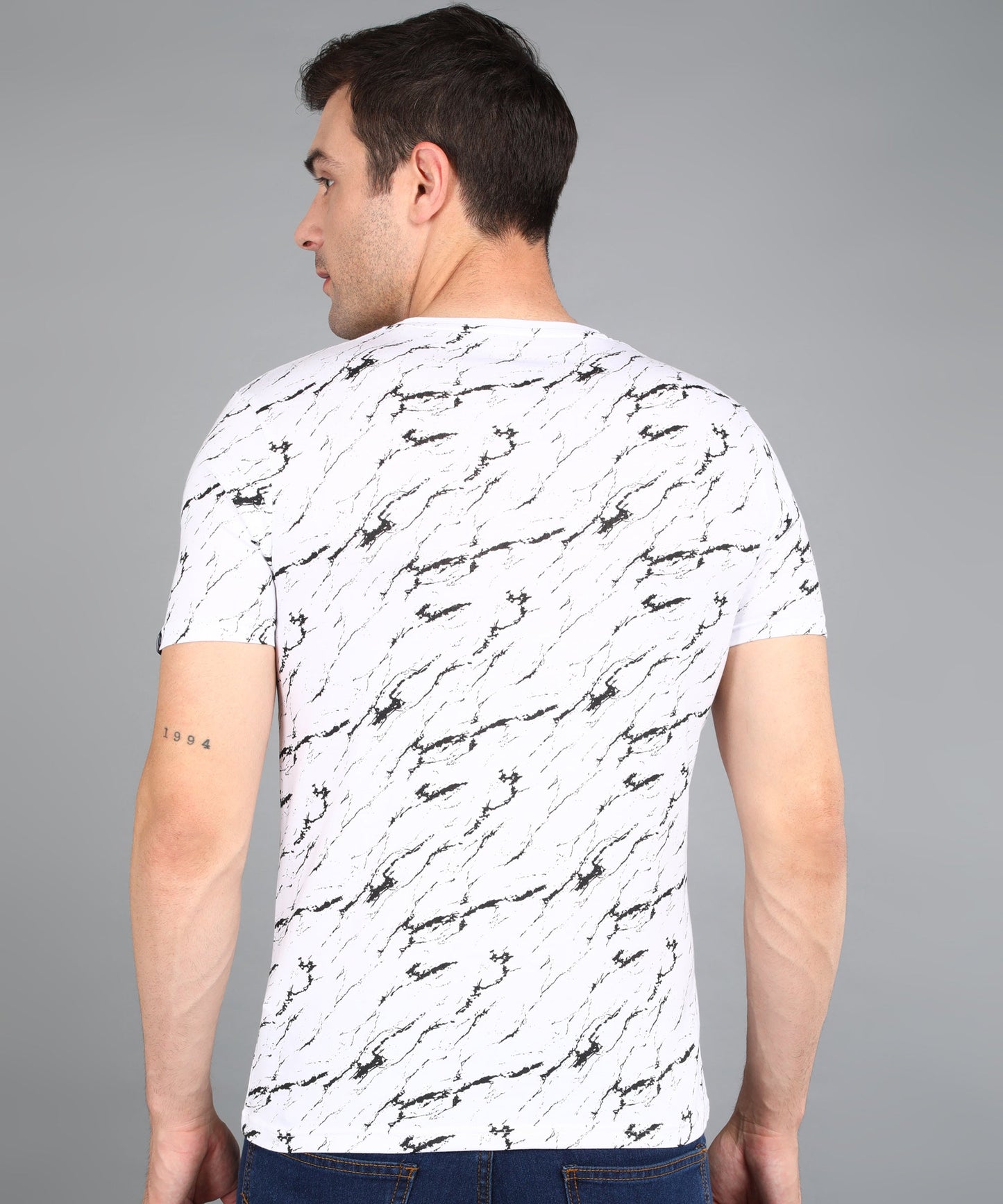 Men's White Printed Round Neck Half Sleeve Slim Fit Cotton T-Shirt