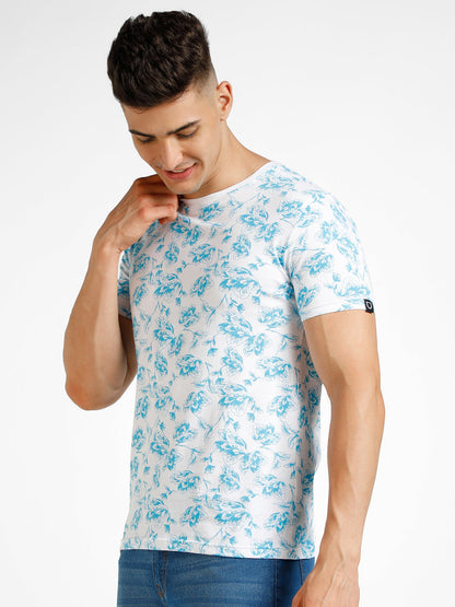 Men's White Printed Round Neck Half Sleeve Slim Fit Cotton T-Shirt
