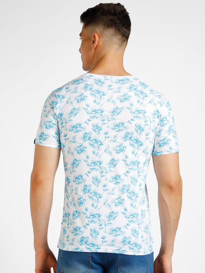 Men's White Printed Round Neck Half Sleeve Slim Fit Cotton T-Shirt