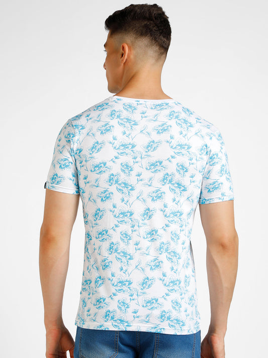 Men's White Printed Round Neck Half Sleeve Slim Fit Cotton T-Shirt